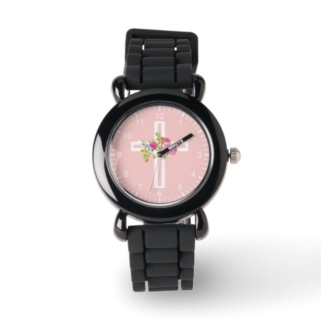 Christian Cross with Pink Roses Floral Watch (Front)