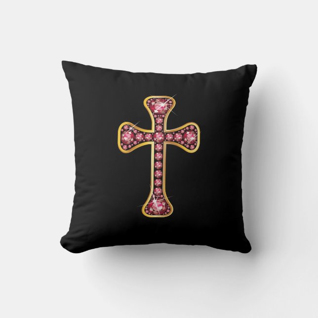 Christian Cross with "Ruby" Stones Throw Pillow (Front)