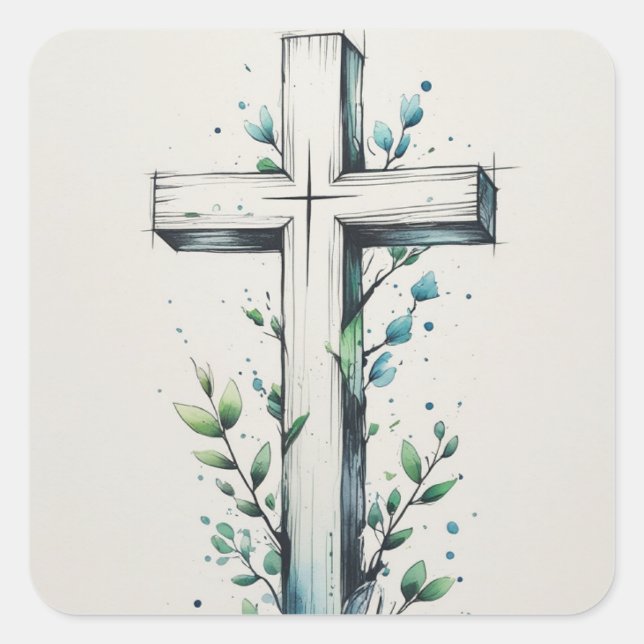 Christian Cross with Watercolor Branches Sticker (Front)