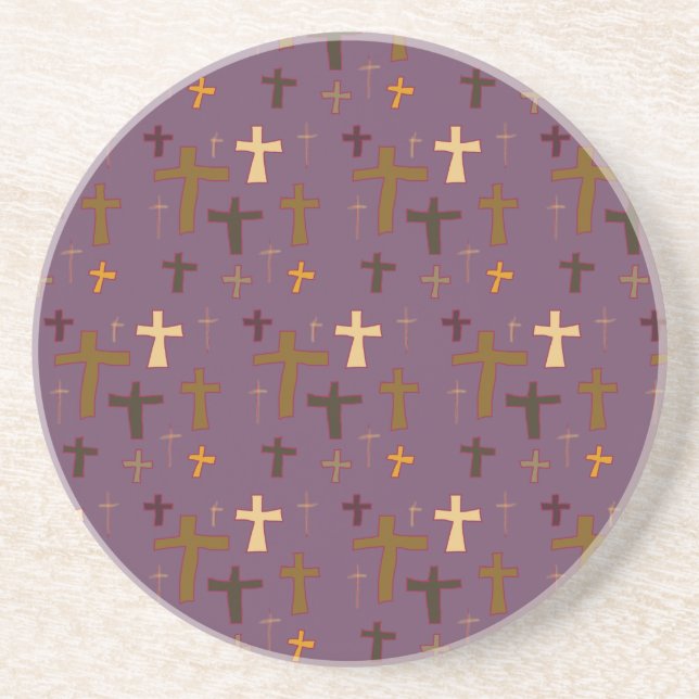Christian Crosses on Plum Round Coaster (Front)