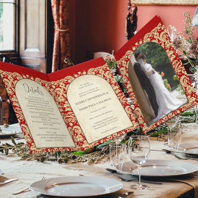 Christian Damask Wedding Burgundy Red & Cream/Tan Invitation (Creator Uploaded)