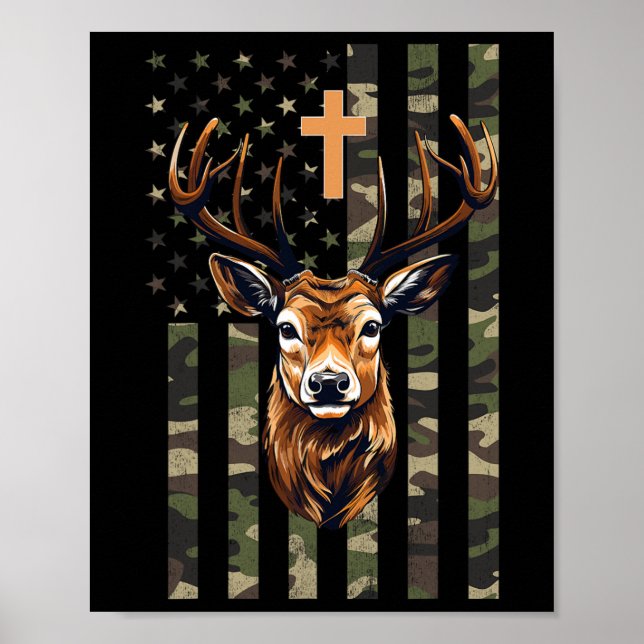 Christian Deer Hunting Camo American Flag  Poster (Front)