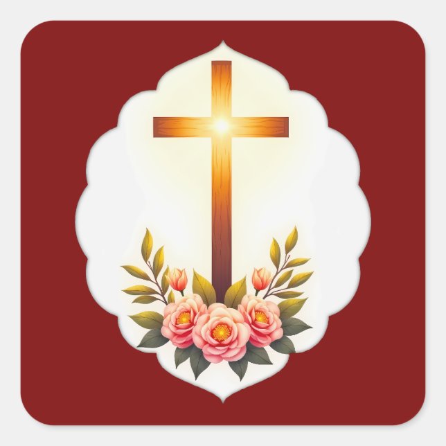 Christian Easter Cross with Flowers – Autocolante Square Sticker (Front)