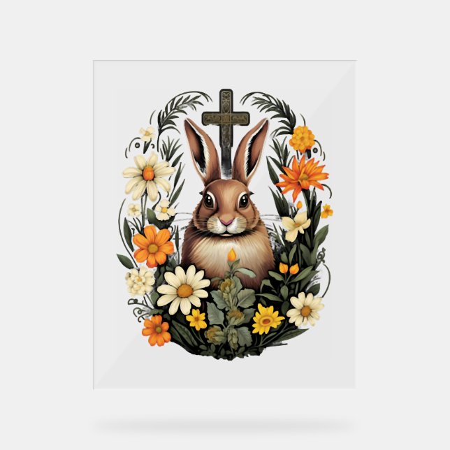 Christian Easter Day Cross Easter Bunny Rabbit    Acrylic Sign (Front)