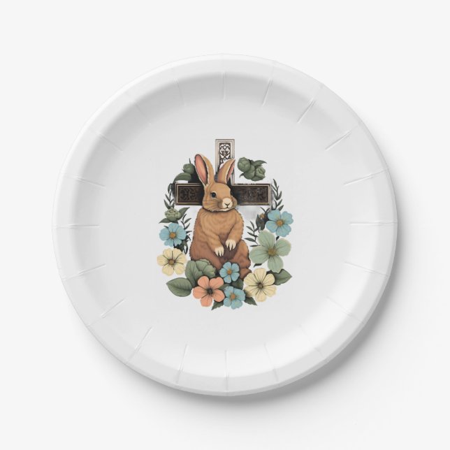 Christian Easter Day Cross Easter Bunny Rabbit   Paper Plate (Front)