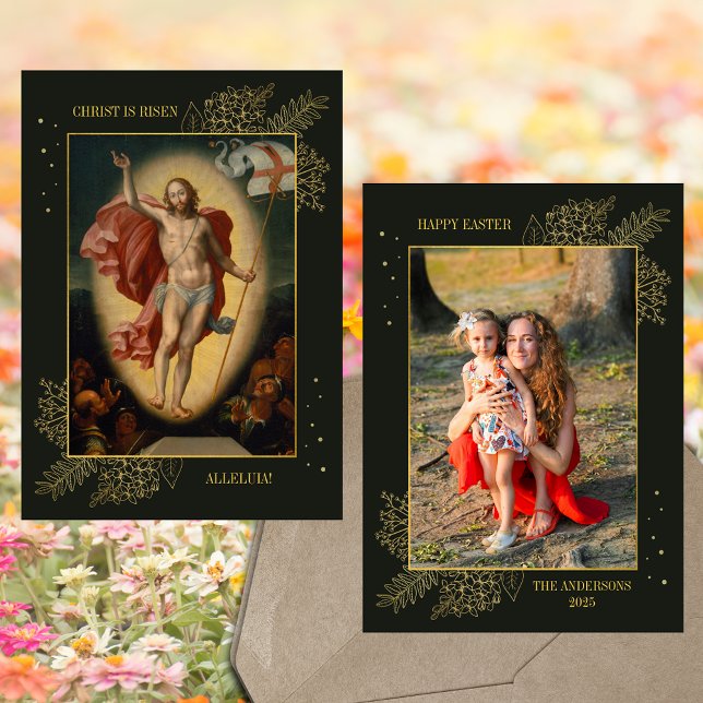 Christian Easter Jesus Resurrection Family Photo Holiday Card (Religious Christian Catholic Easter Jesus Christ is Risen Resurrection Family Photo Dark Green Card)