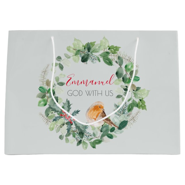 Christian Elegant Watercolor Christmas Wreath Large Gift Bag (Front)