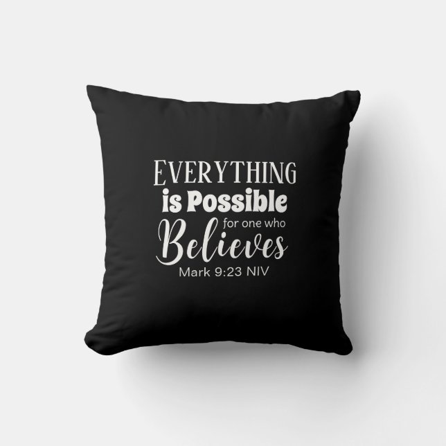 Christian Faith Bible Verse Believe Black Throw Pillow (Front)