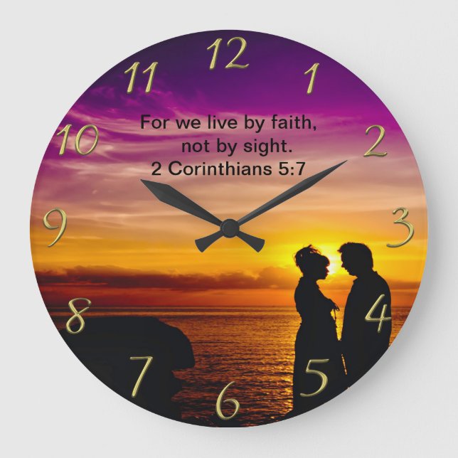 Christian Faith cross with 2 Corinthians 5:7  Large Clock (Front)