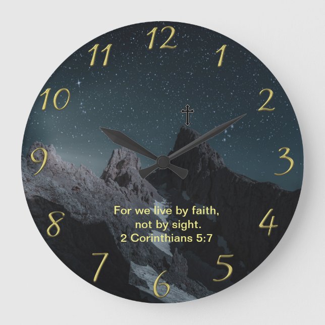 Christian Faith cross with 2 Corinthians 5:7  Large Clock (Front)