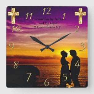 Christian Faith cross with 2 Corinthians 5:7 Squar Square Wall Clock