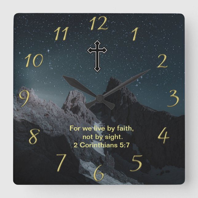 Christian Faith cross with 2 Corinthians 5:7 Square Wall Clock (Front)