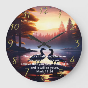 Christian Faith cross with Mark 11:24  Large Clock