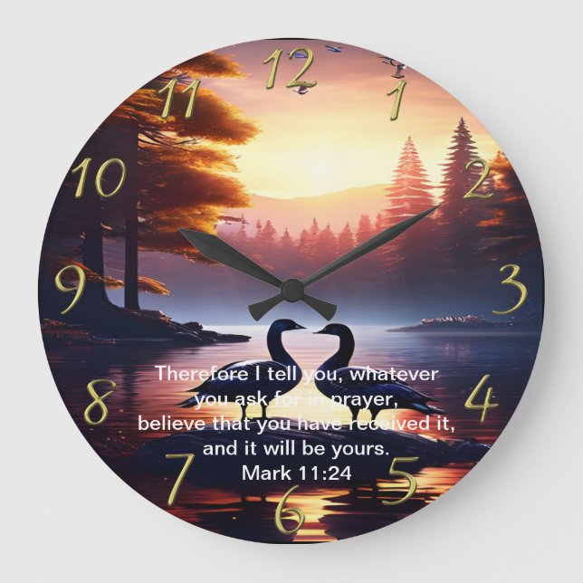 Christian Faith cross with Mark 11:24  Large Clock (Front)