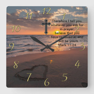 Christian Faith cross with Mark 11:24 Square Wall Clock