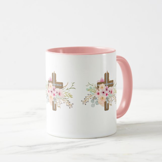 Christian Faith Floral Cross Mug ADD TEXT (Front Right)