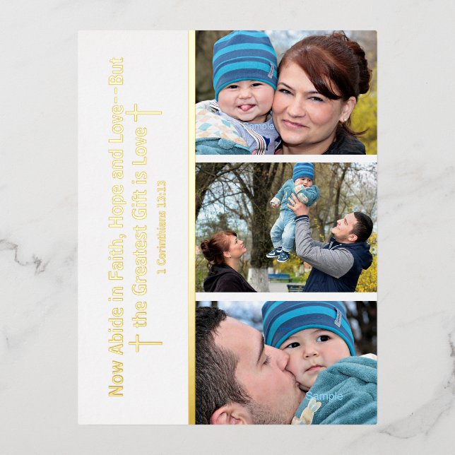 Christian Faith Hope Love Scripture 3 Photo Foil Holiday Postcard (Front)