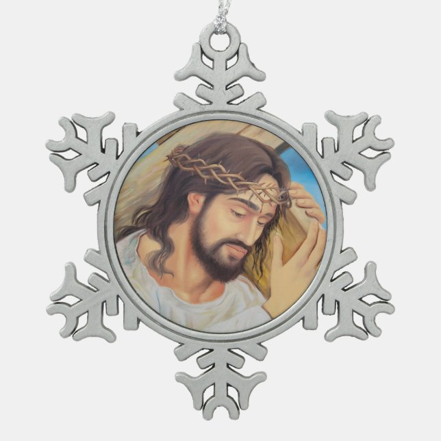 Christian Faith Jesus Christ Snowflake Pewter Christmas Ornament (Front)