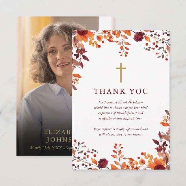 Christian Fall Celebration Of Life Photo Funeral Thank You Card (Front/Back)