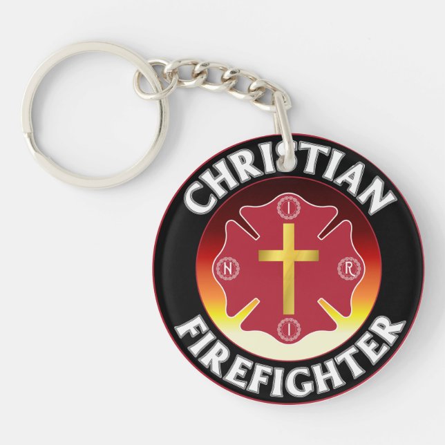 Christian Firefighter Red St Florian Cross INRI Keychain (Front)