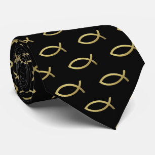 Christian Fish Symbol Pattern Gold Tie