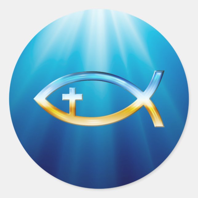 Christian Fish Symbol with Crucifix - Sky & Ground Classic Round Sticker (Front)