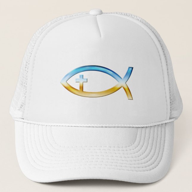 Christian Fish Symbol with Crucifix - Sky & Ground Trucker Hat (Front)
