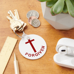 Christian Forgiven Red Cross and Text Design Keychain