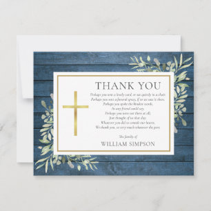 Christian Funeral Blue Rustic Wood Greenery Poem Thank You Card