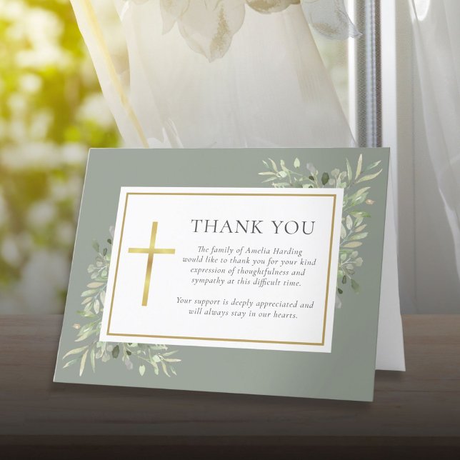 Christian Funeral Watercolor Greenery  Thank You Card (Christian Funeral Watercolor Greenery Thank You Card)