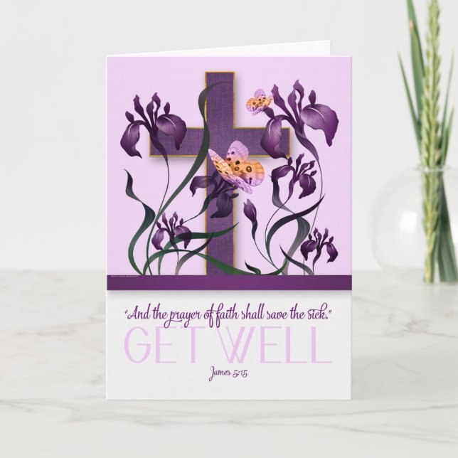 Christian Get Well James 5 Cross and Purple Iris Card (Front)
