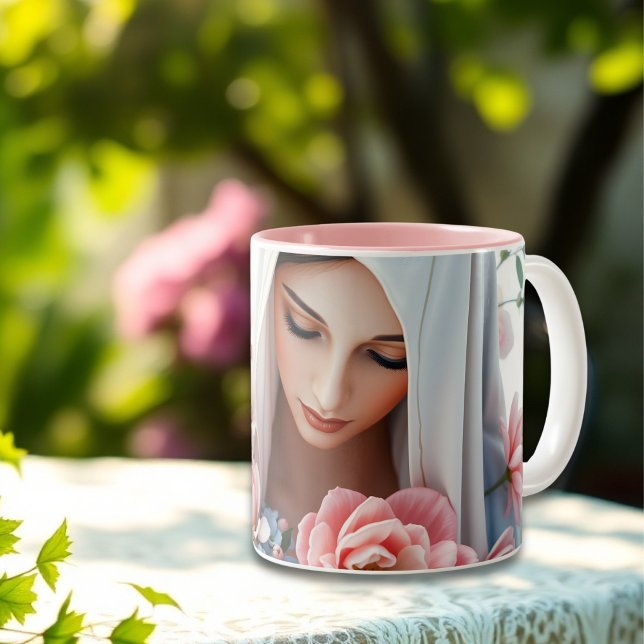 Christian Gift for Women Catholic Virgin Mary  Two-Tone Coffee Mug (Elegant Virgin Mary Mug Christian Gift for Women Catholic Faith-Inspired Coffee Cup)
