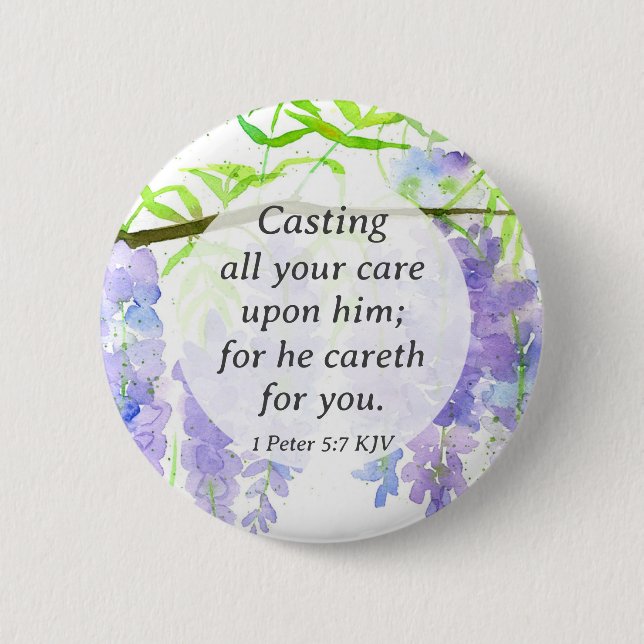 Christian Gift Scripture 1 Peter He Cares Wisteria 2 Inch Round Button (Front)