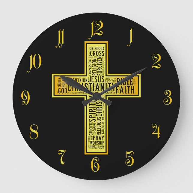 Christian gold cross - text design large clock (Front)