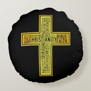 Christian gold cross - text design round pillow