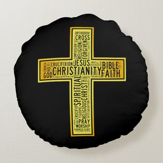 Christian gold cross - text design round pillow (Back)