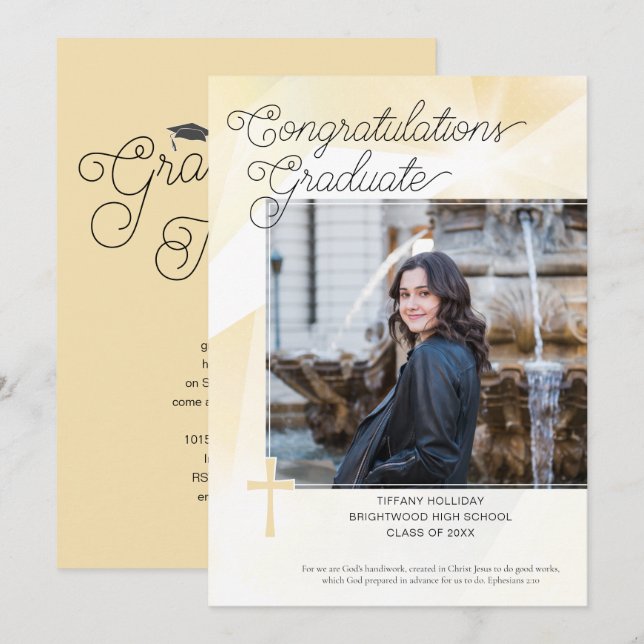 Christian Gold Graduation Photo Invitation (Devant / Derrière)