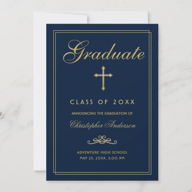 Christian Graduation Navy Blue Gold Cross Script Announcement (Front)