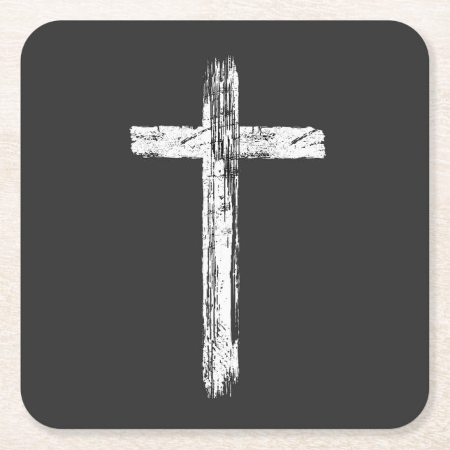 Christian Grunge Cross Square Paper Coaster (Front)