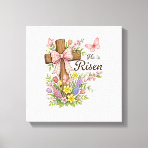 Christian- He is Risen Floral Cross Religious East Canvas Print