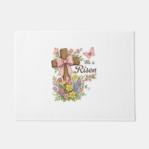 Christian- He is Risen Floral Cross Religious East Doormat
