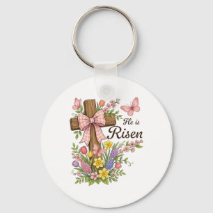 Christian- He Is Risen Floral Cross Religious East Keychain