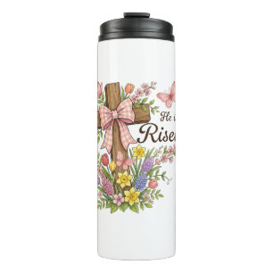 Christian- He is Risen Floral Cross Religious East Thermal Tumbler