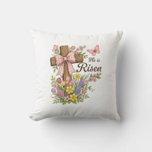 Christian- He is Risen Floral Cross Religious East Throw Pillow
