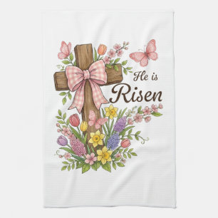Christian- He is Risen Floral Cross Religious Kitchen Towel