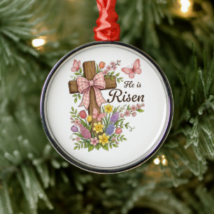 Christian- He is Risen Floral Cross Religious  Metal Ornament
