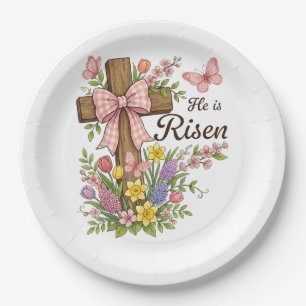 Christian- He is Risen Floral Cross Religious  Paper Plate