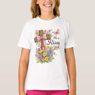 Christian- He is Risen Floral Cross Religious  T-Shirt