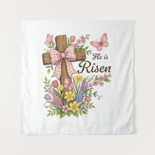 Christian- He is Risen Floral Cross Religious Tapestry