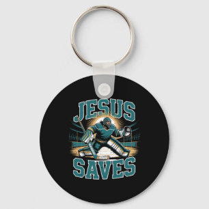Christian Hockey Jesus Saves Goalie Humor Religiou Keychain
